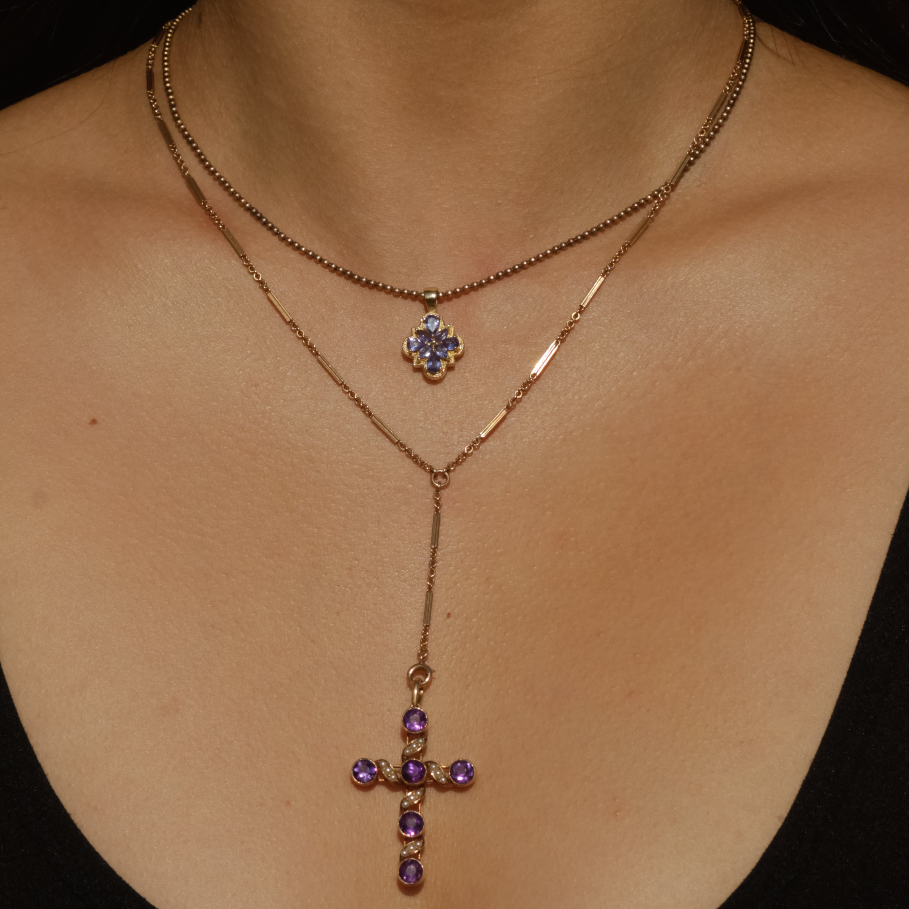 Antique Amethyst and Seed Pearl Cross Pendant