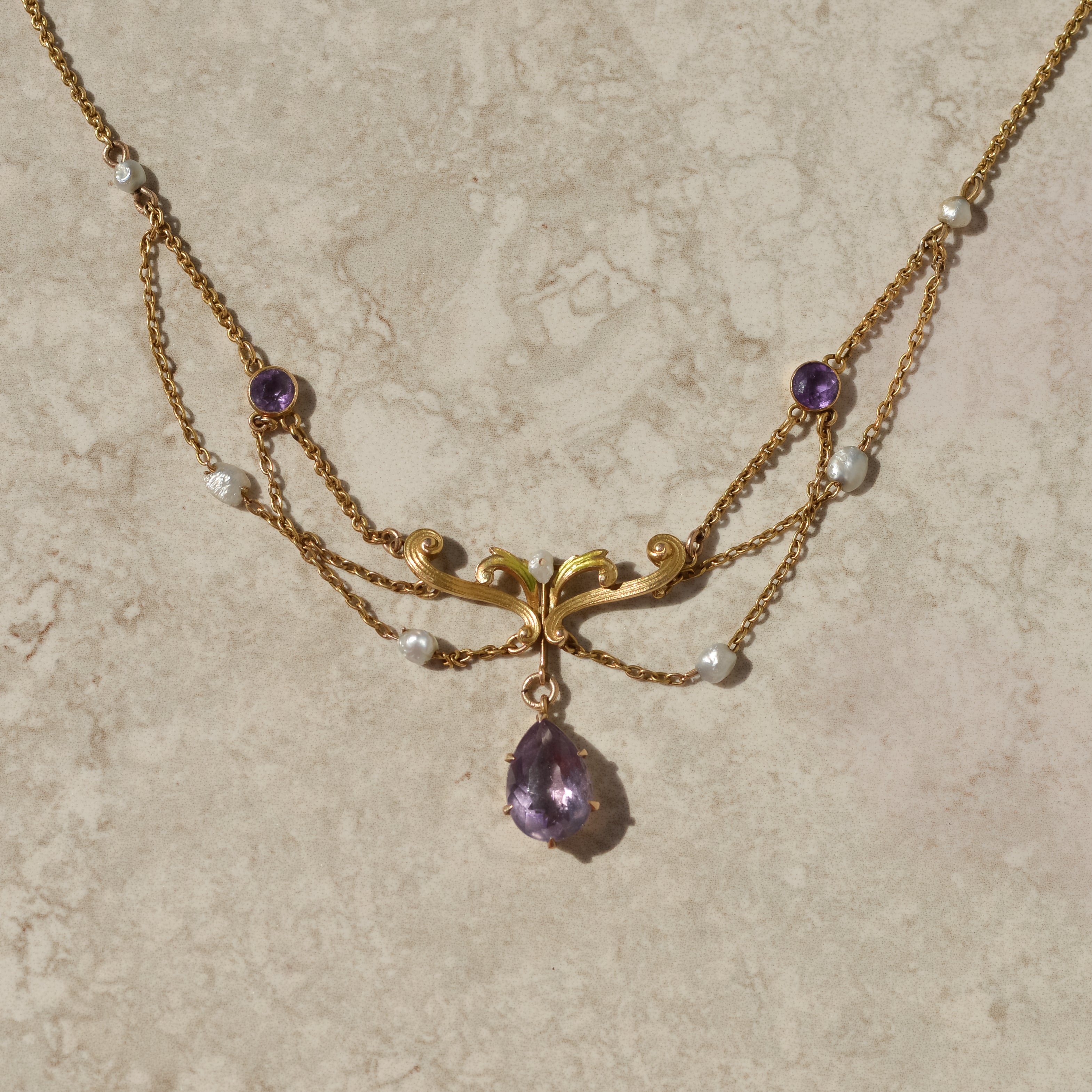 Art Nouveau Amethyst and Seed Pearl Festoon Necklace