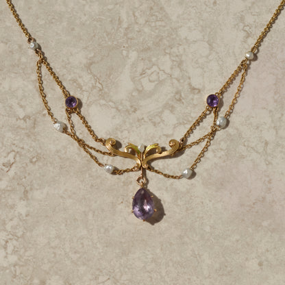 Art Nouveau Amethyst and Seed Pearl Festoon Necklace