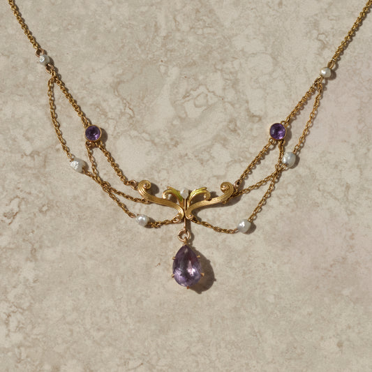 Art Nouveau Amethyst and Seed Pearl Festoon Necklace