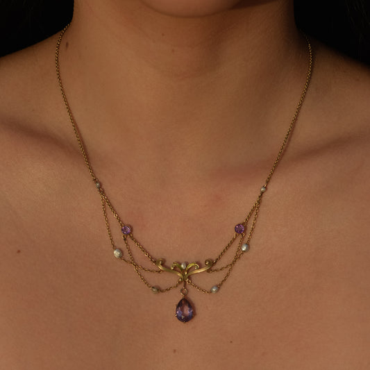 Art Nouveau Amethyst and Seed Pearl Festoon Necklace