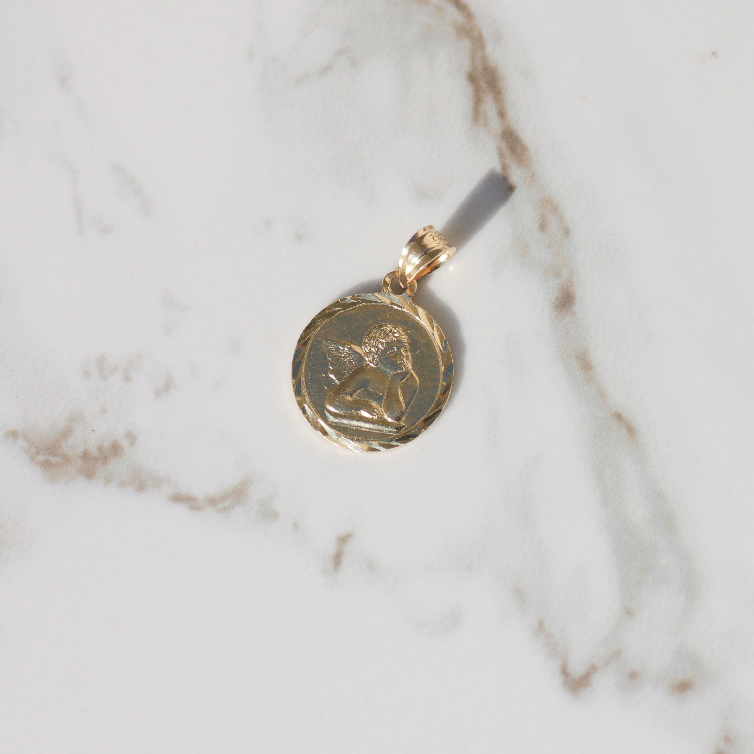 Vintage Angel with Scripture Medallion Charm 14k
