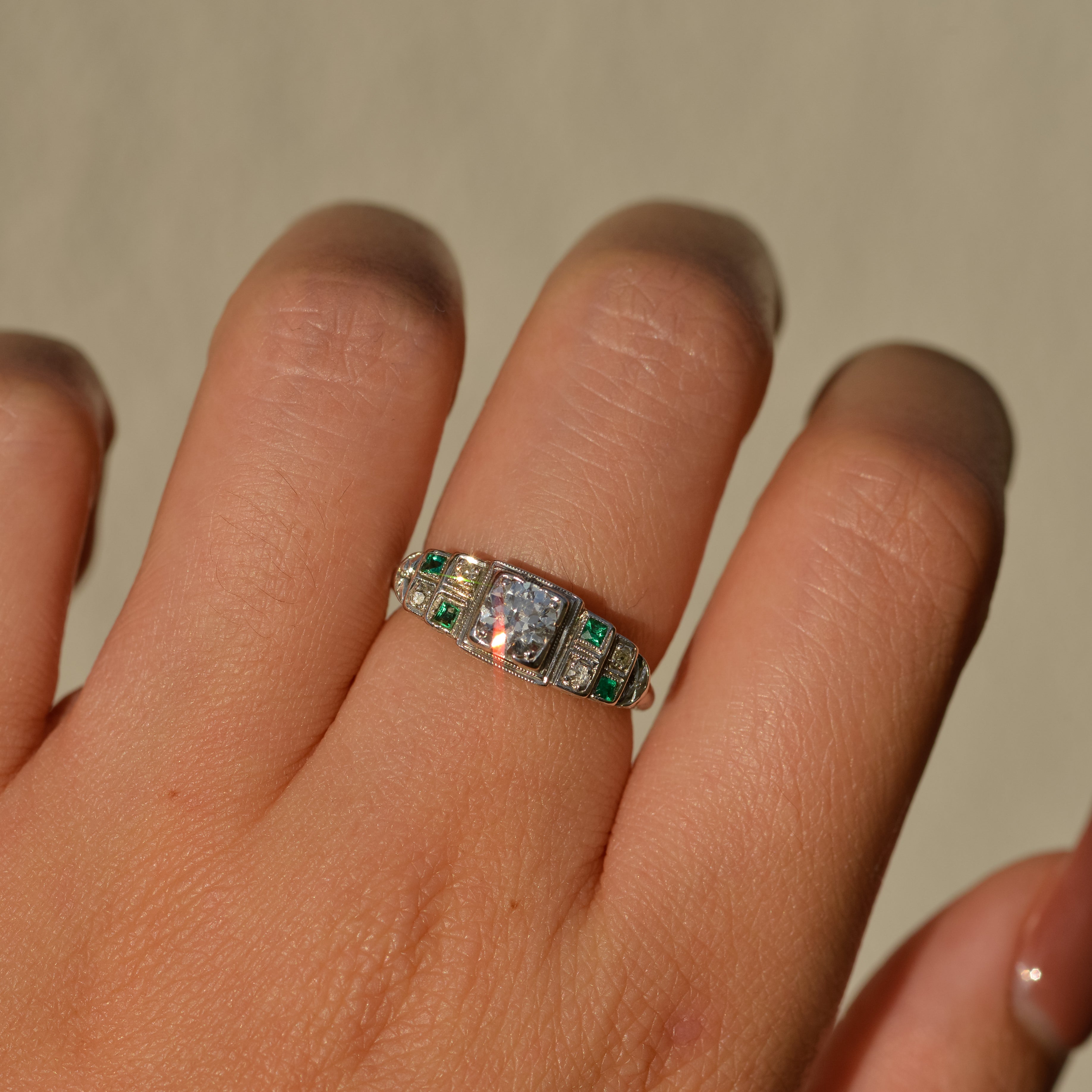 Art Deco 0.6 ct Diamond and Emerald Ring