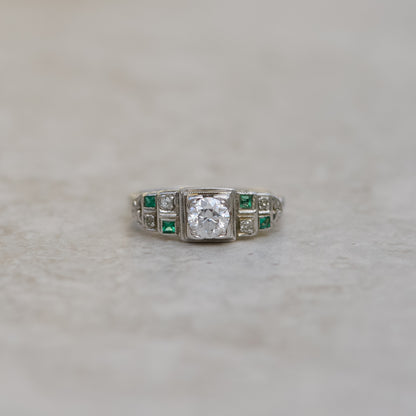 Art Deco 0.6 ct Diamond and Emerald Ring