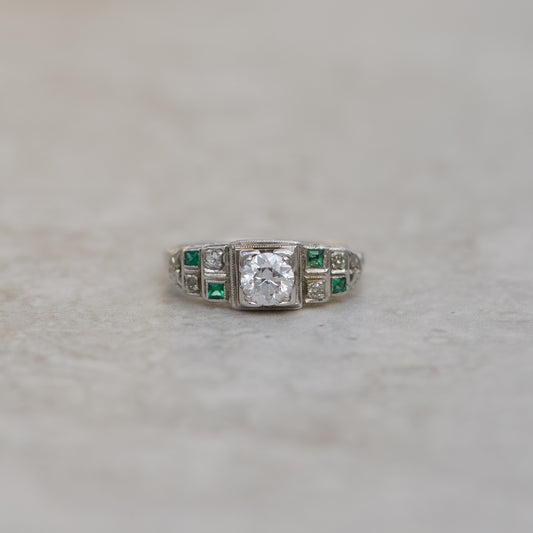 Art Deco 0.6 ct Diamond and Emerald Ring