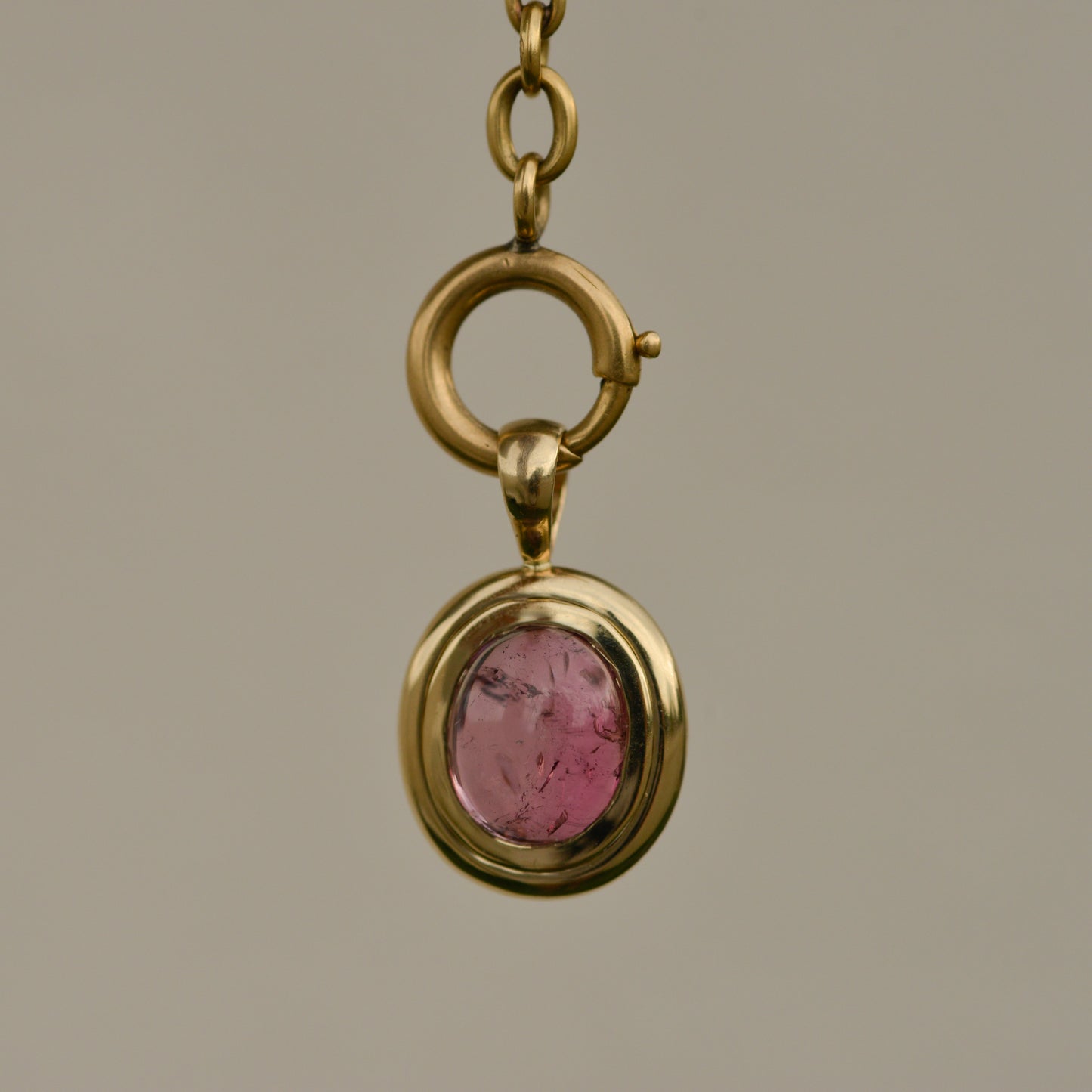 09: Bubble Bezel Pendant, pink tourmaline cabochon