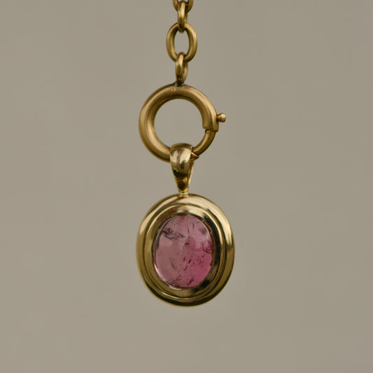 09: Bubble Bezel Pendant, pink tourmaline cabochon
