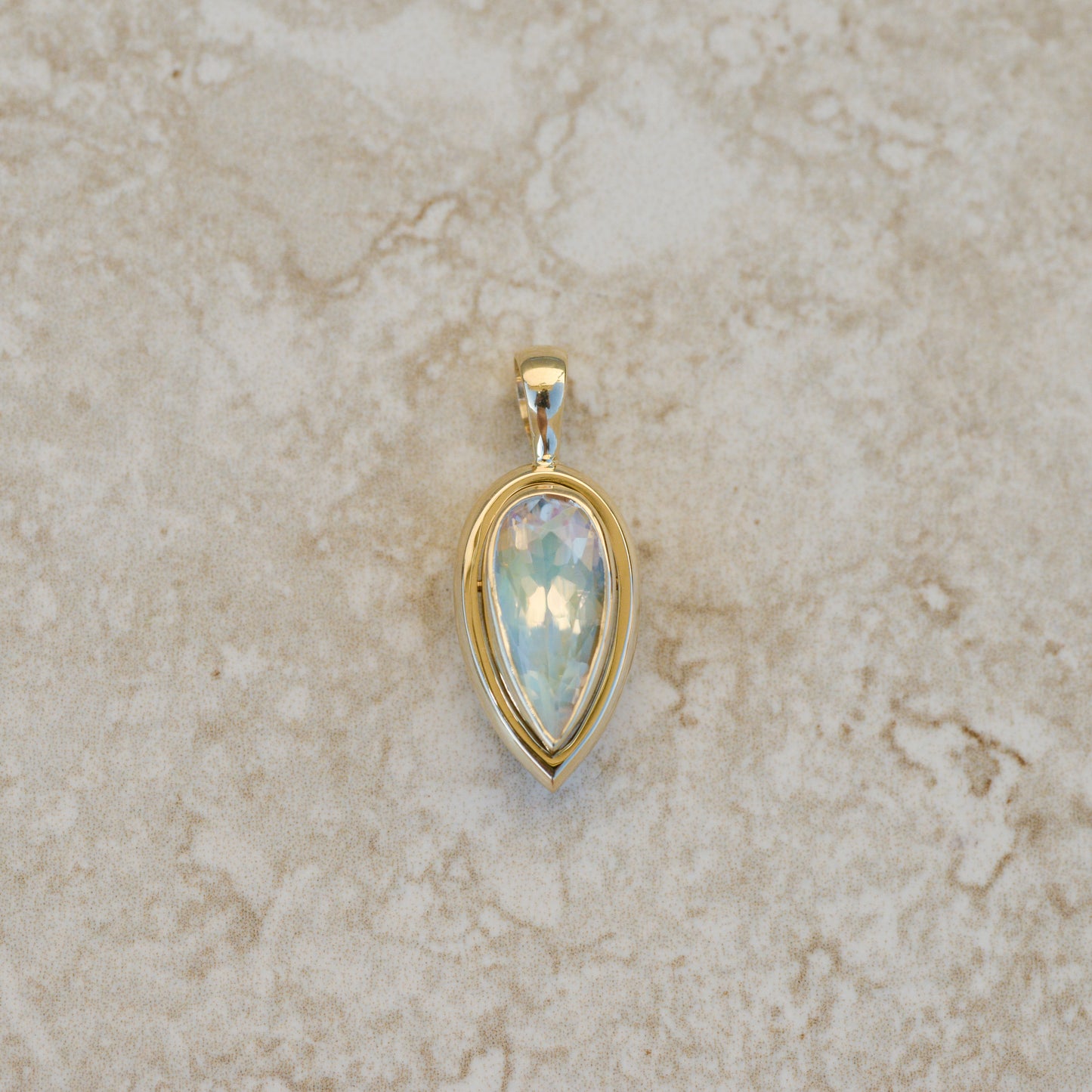 09: Bubble Bezel Pendant, rainbow moonstone