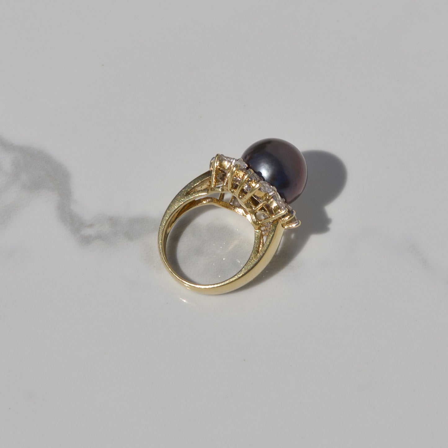 Vintage Black Cultured Pearl Diamond Halo Ring Sz 6 1/2 18k