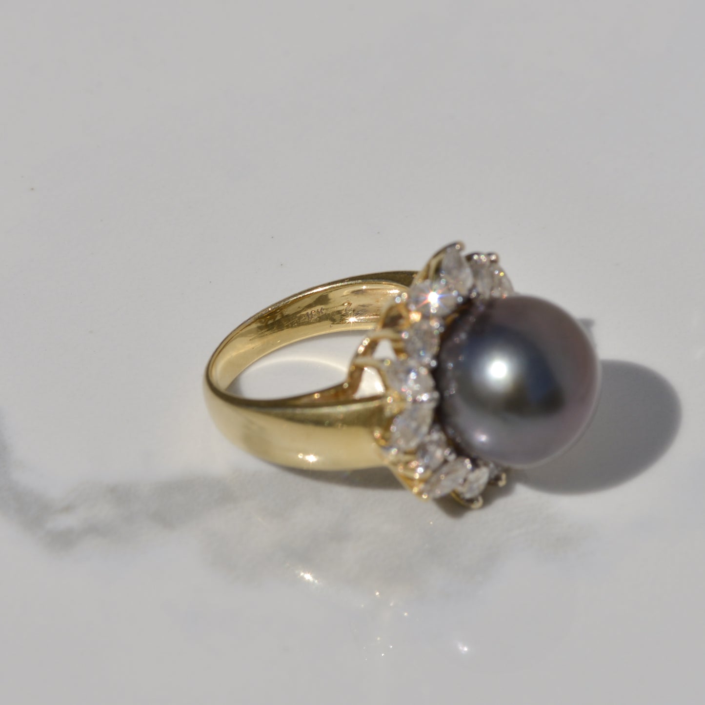 Vintage Black Cultured Pearl Diamond Halo Ring Sz 6 1/2 18k