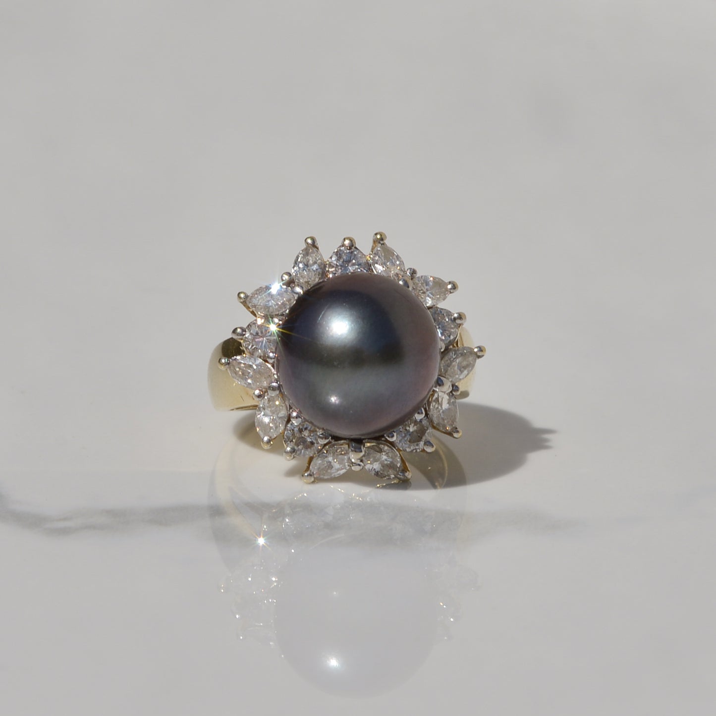 Vintage Black Cultured Pearl Diamond Halo Ring Sz 6 1/2 18k