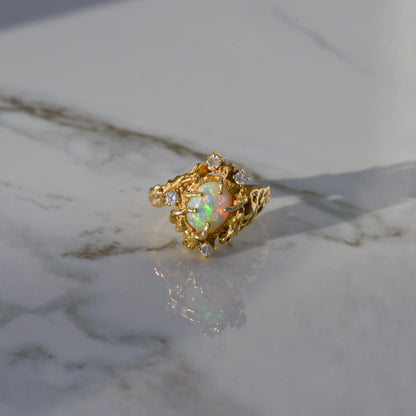 Vintage Brutalist Opal and Diamond Ring Sz 11 14k