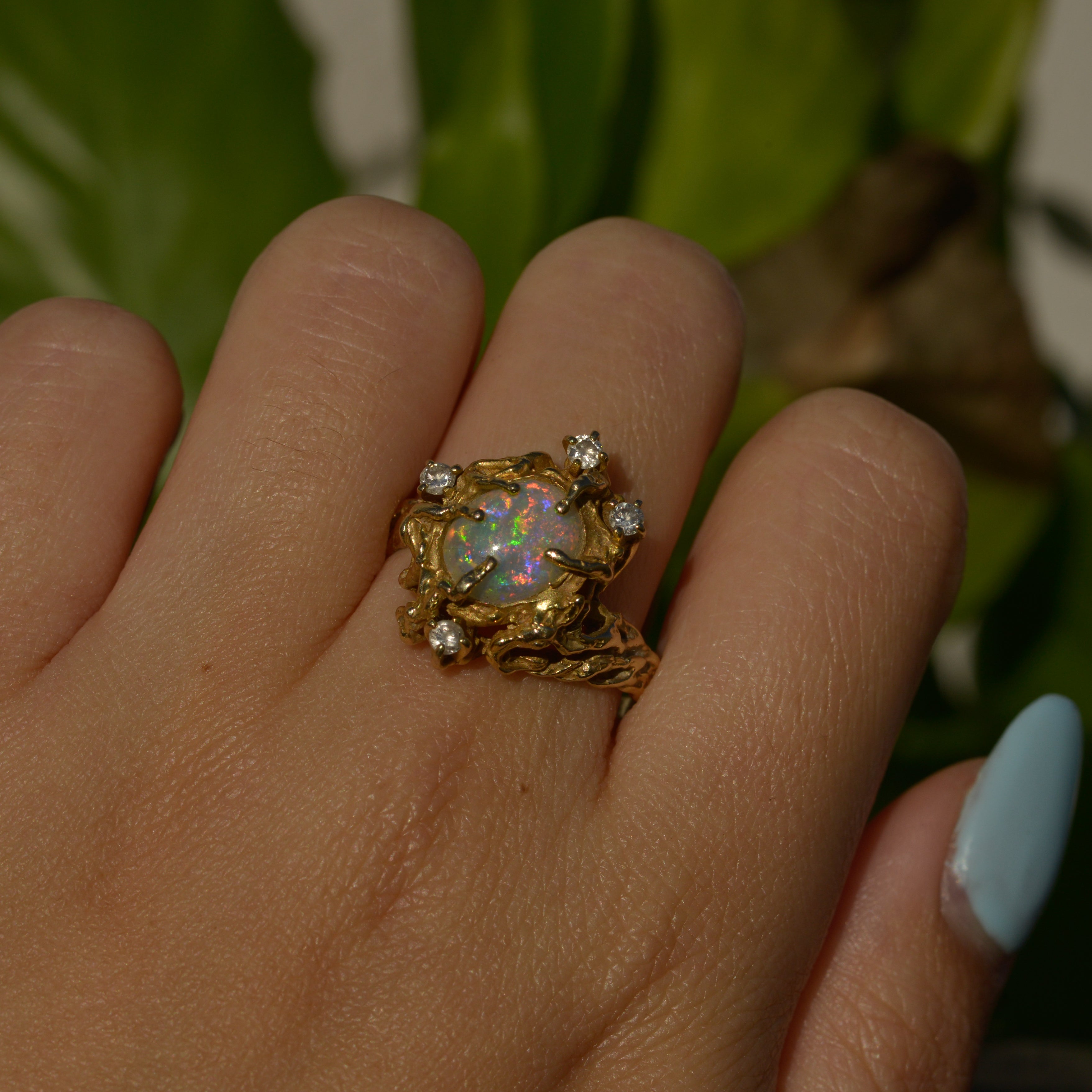 Vintage Brutalist Opal and Diamond Ring