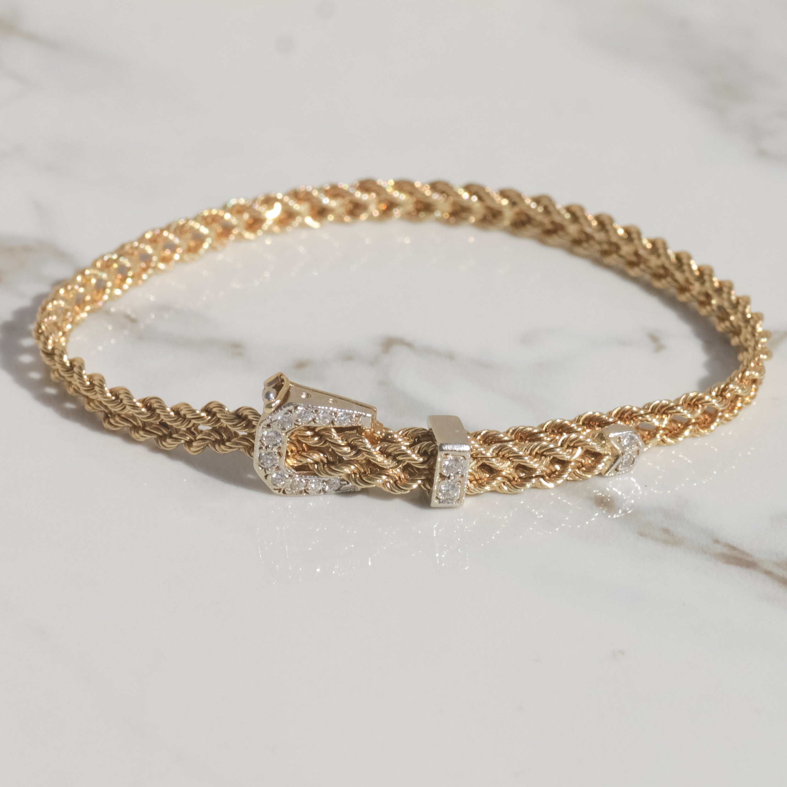Vintage Double Rope Diamond Buckle Bracelet 14k Gold