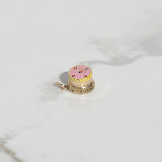 Vintage Happy Birthday Cake Charm 14k