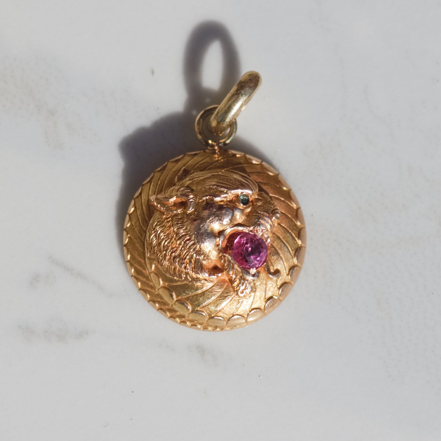 Antique Art Nouveau Cat Pendant with Ruby 14k