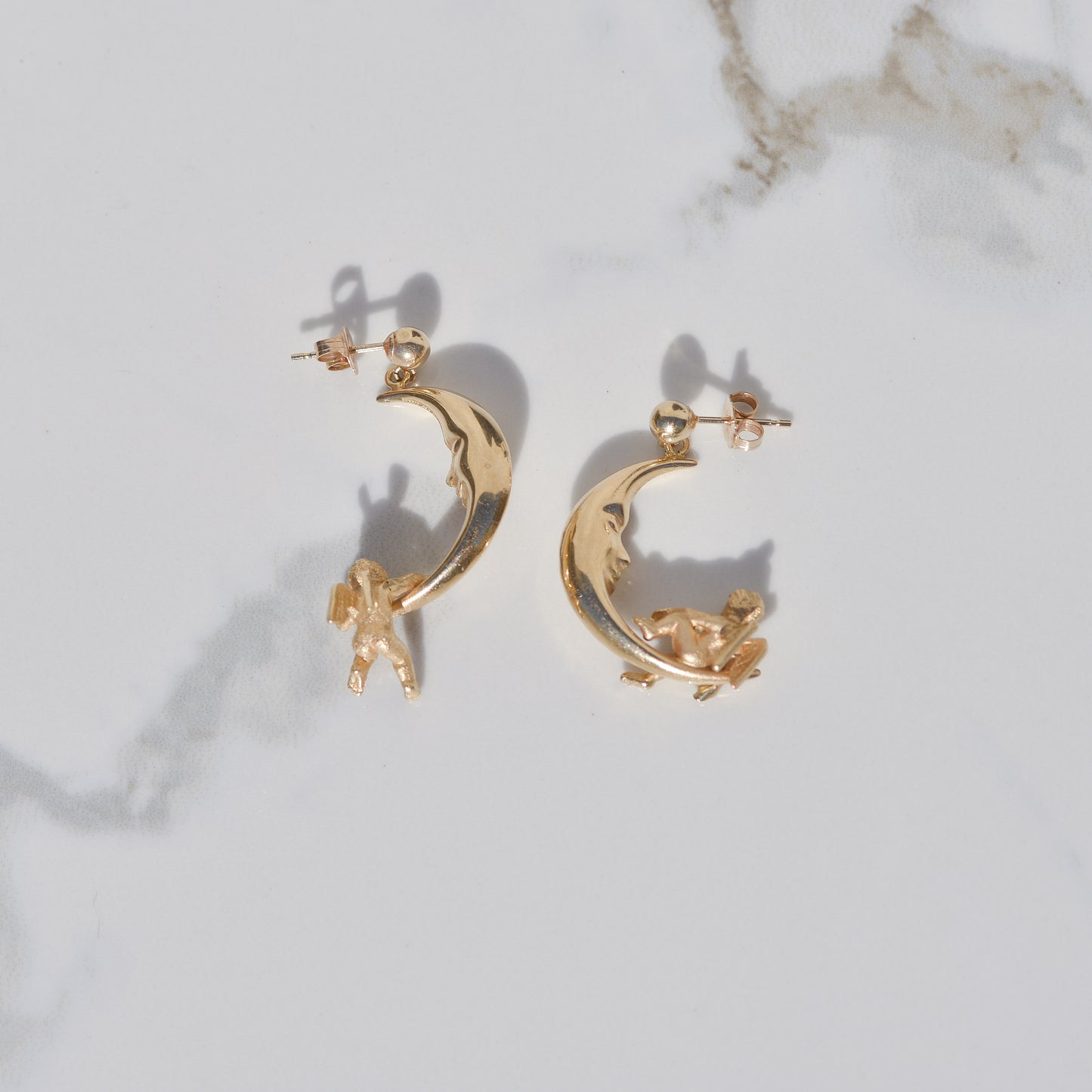 Vintage Cherub Moon Earrings 14k