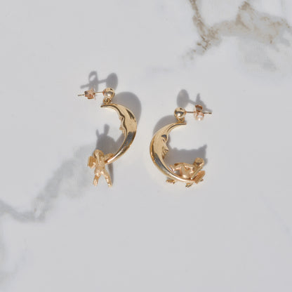 Vintage Cherub Moon Earrings 14k