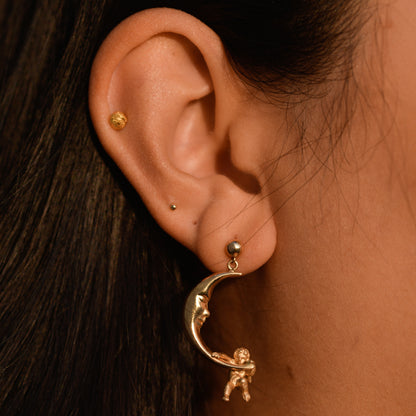 Vintage Cherub Moon Earrings 14k