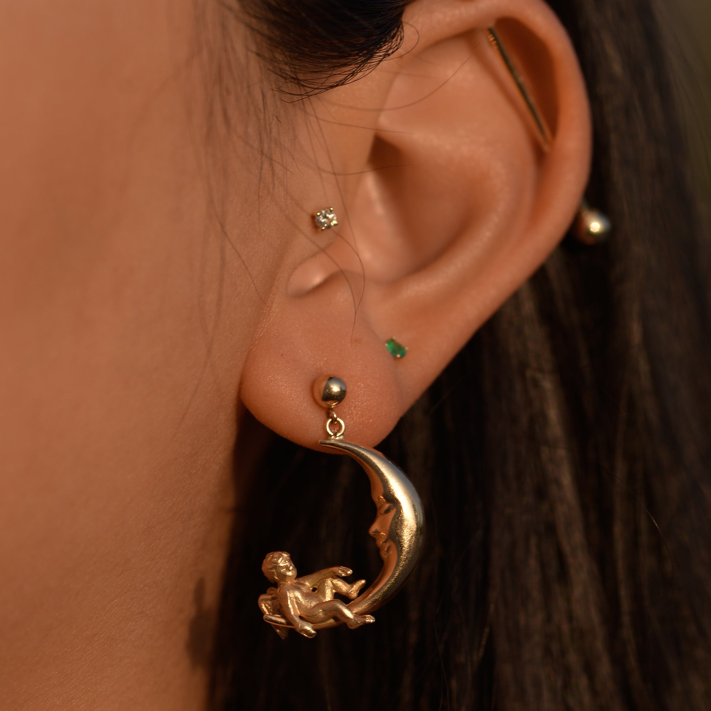 Vintage Cherub Moon Earrings 14k