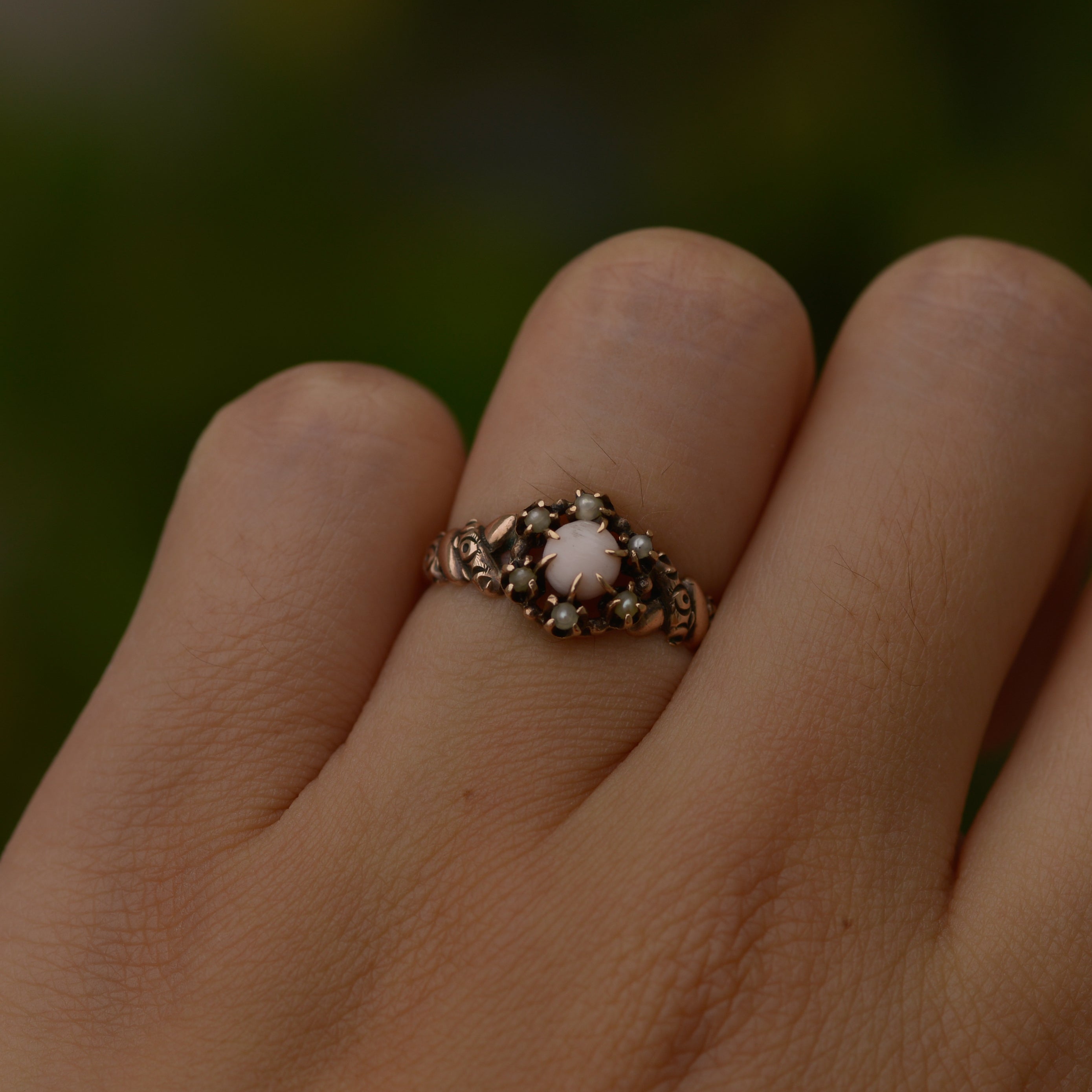 Antique Coral and Pearl Ring Sz 4 3/4 14k