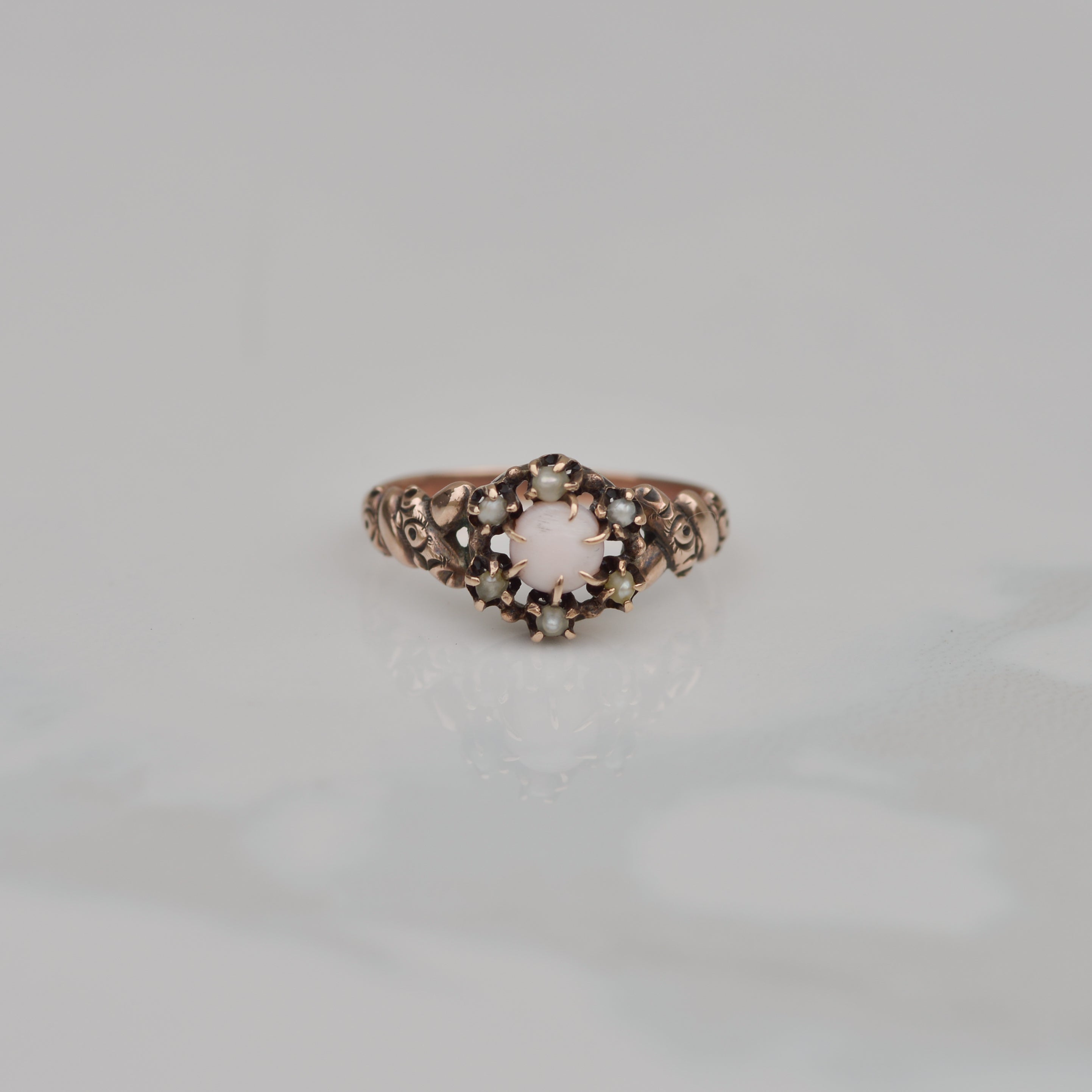 Antique Coral and Pearl Ring Sz 4 3/4 14k