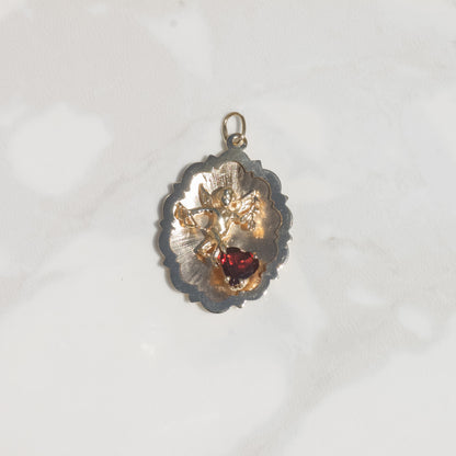 Vintage Garnet Heart Cupid Pendant 14k