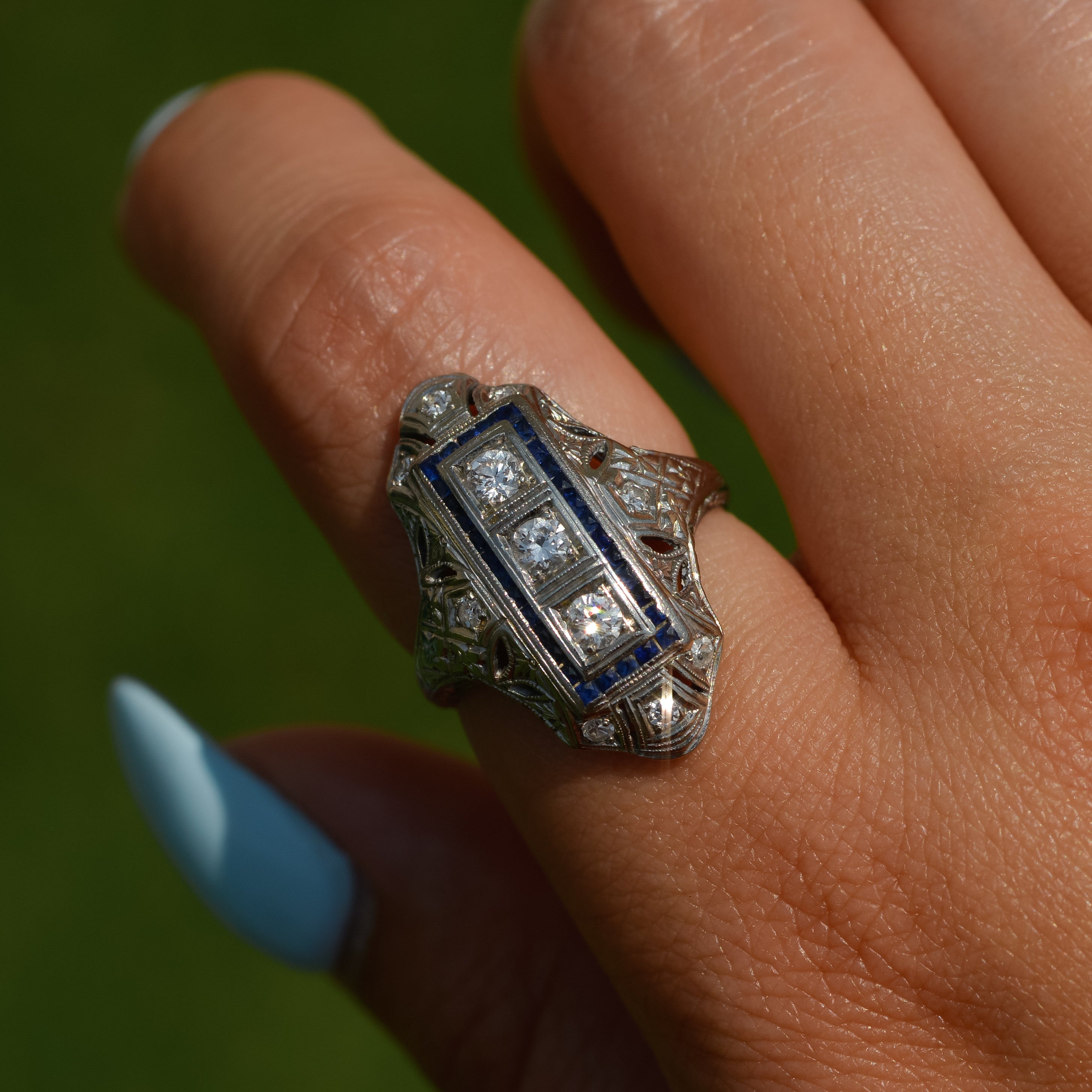 Art Deco Diamond and Sapphire Filigree Ring