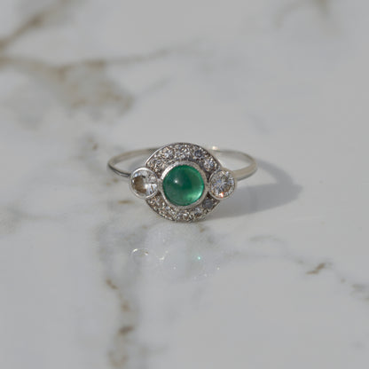 Antique Art Deco Emerald Cabochon and Diamond Ring Sz 9 1/4 Platinum