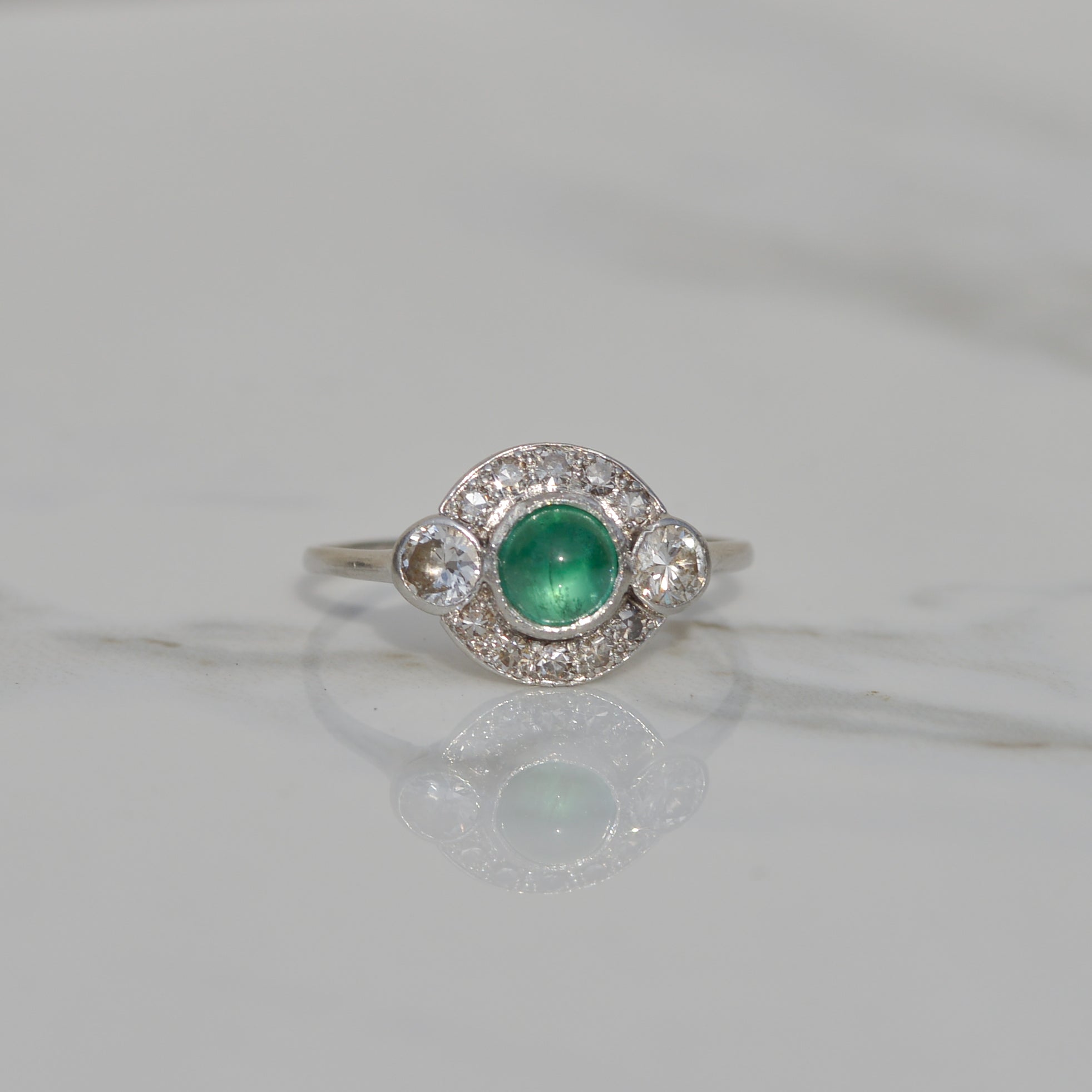 Art Deco Emerald Cabochon and Diamond Ring