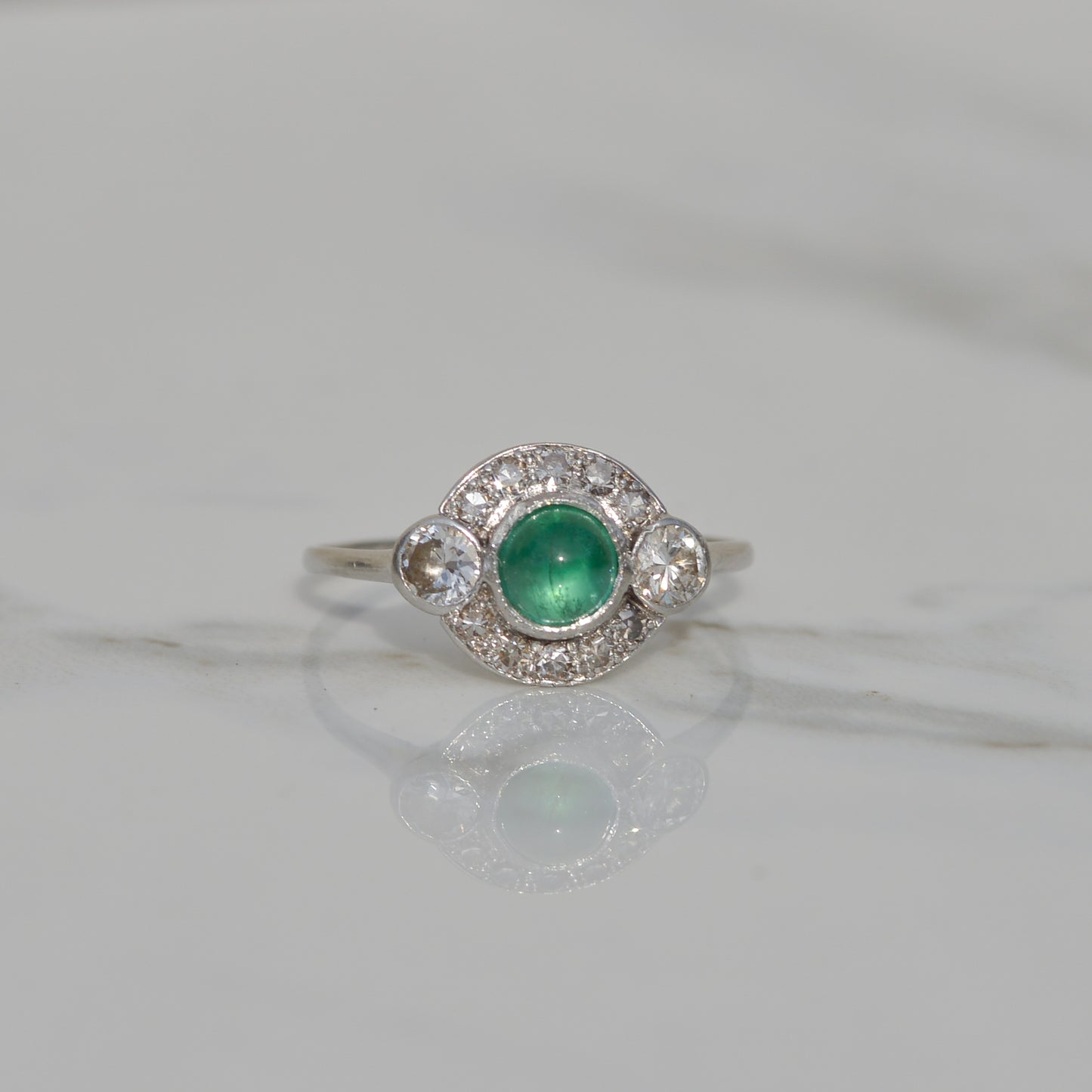 Antique Art Deco Emerald Cabochon and Diamond Ring Sz 9 1/4 Platinum