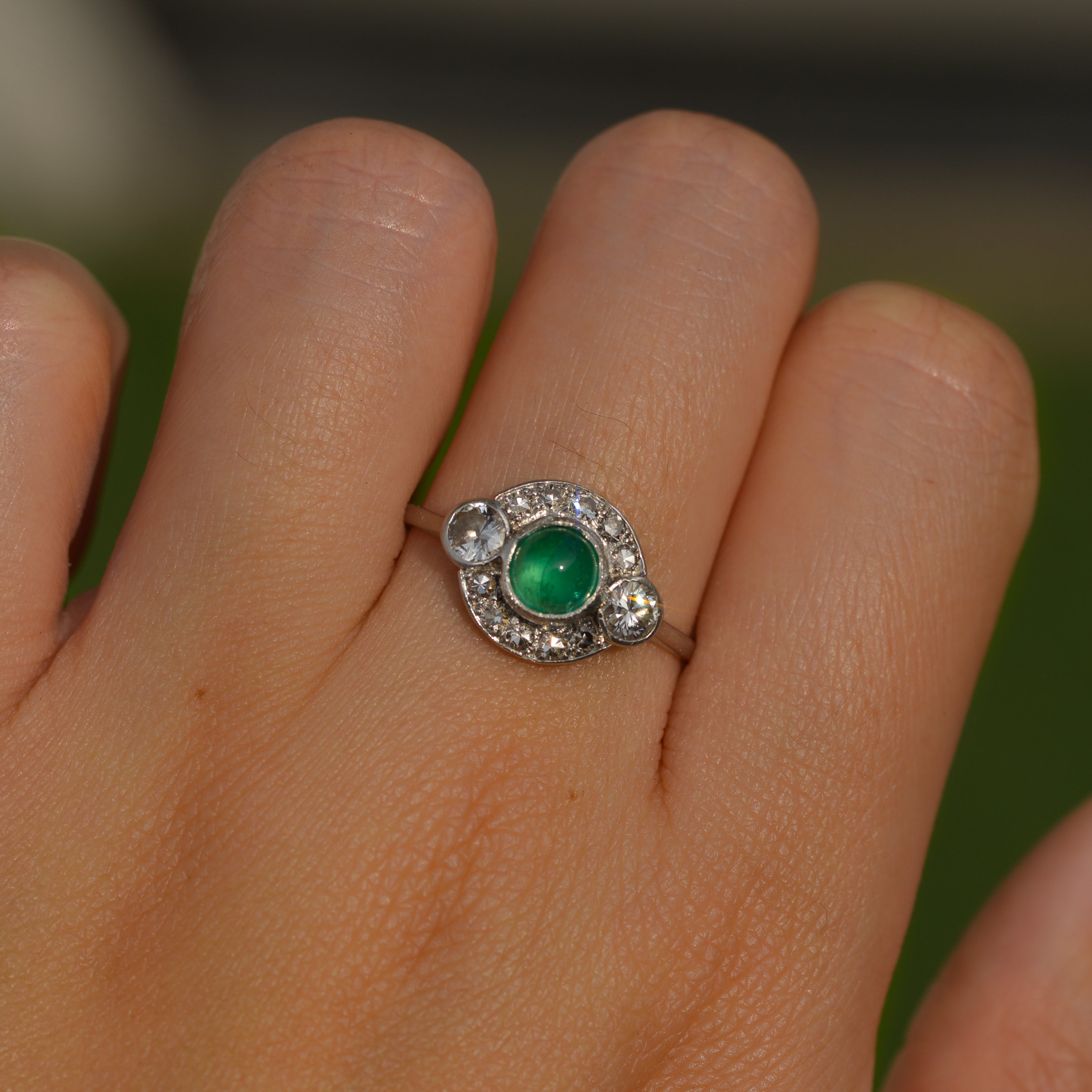 Art Deco Emerald Cabochon and Diamond Ring