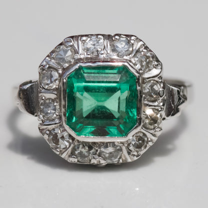 Art Deco Colombian Emerald (GIA Certified) and Diamond Halo Ring 14k Gold Sz 5