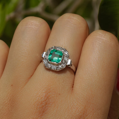 Art Deco Colombian Emerald (GIA Certified) and Diamond Halo Ring 14k Gold Sz 5