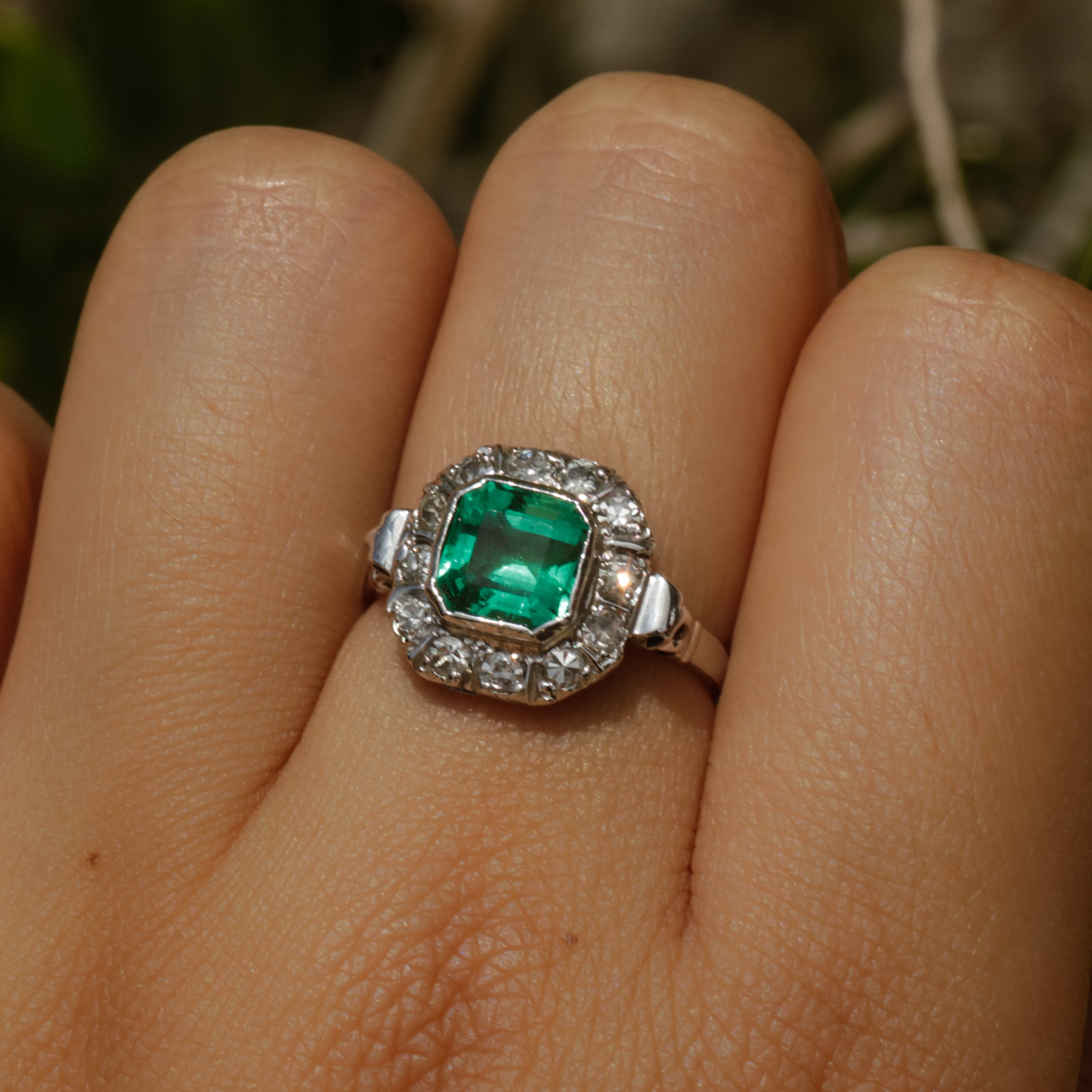 Art Deco Colombian Emerald (GIA) and Diamond Halo Ring