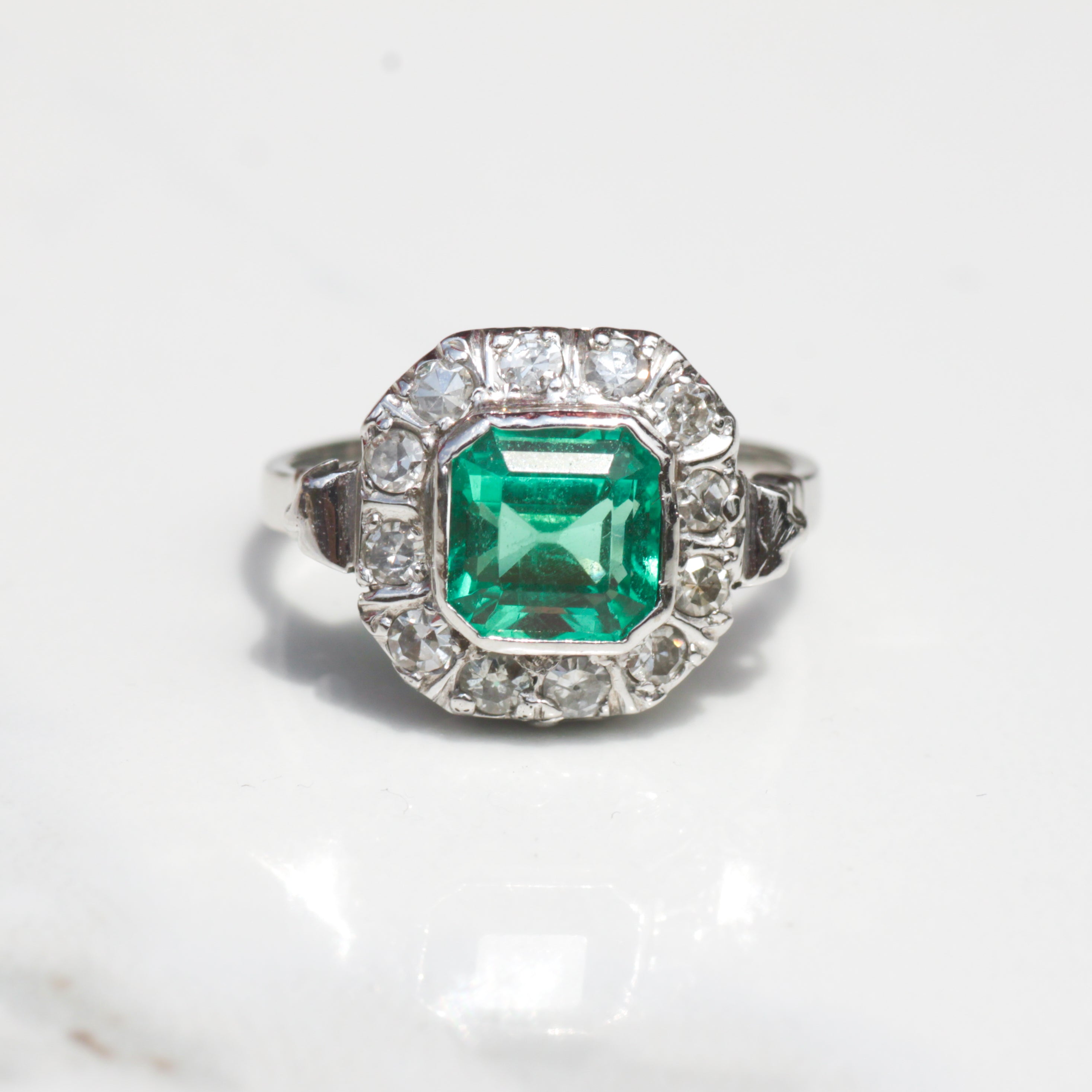 Art Deco Colombian Emerald (GIA) and Diamond Halo Ring