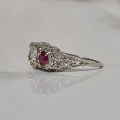 Art Deco Diamond and Ruby Ring Sz 6 1/2 18k