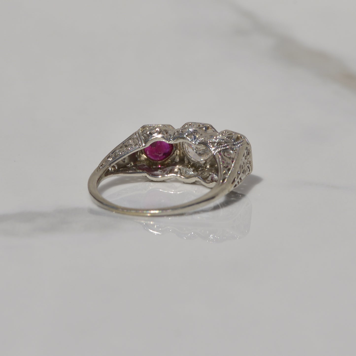 Art Deco Diamond and Ruby Ring Sz 6 1/2 18k