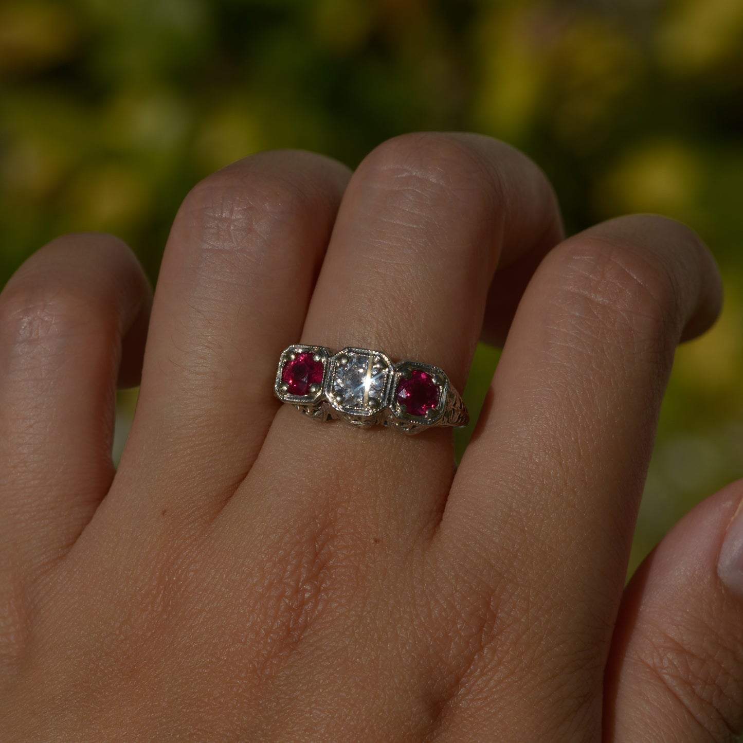 Art Deco Diamond and Ruby Ring Sz 6 1/2 18k