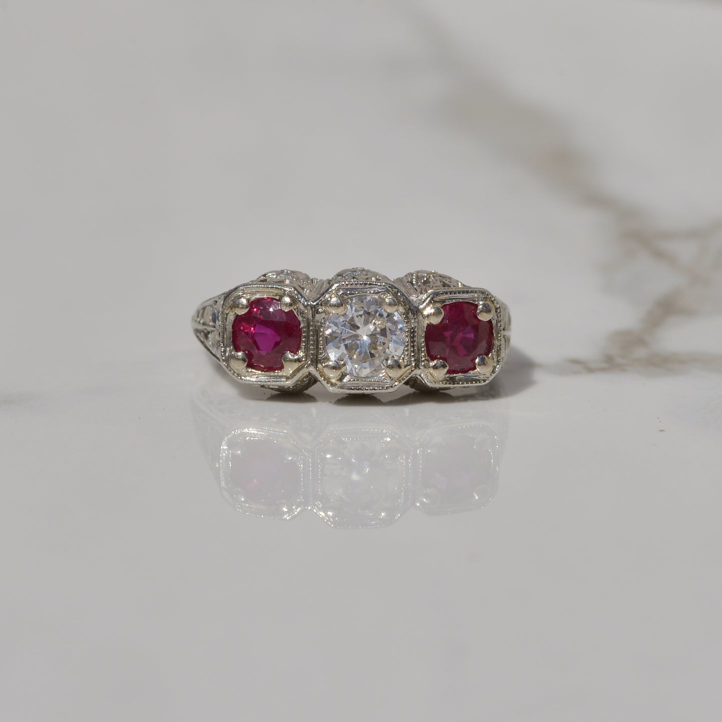 Art Deco Diamond and Ruby Ring Sz 6 1/2 18k