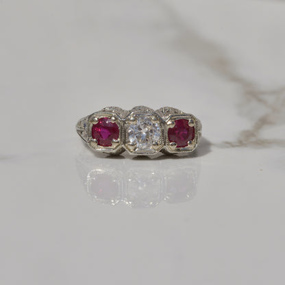 Art Deco Diamond and Ruby Ring Sz 6 1/2 18k