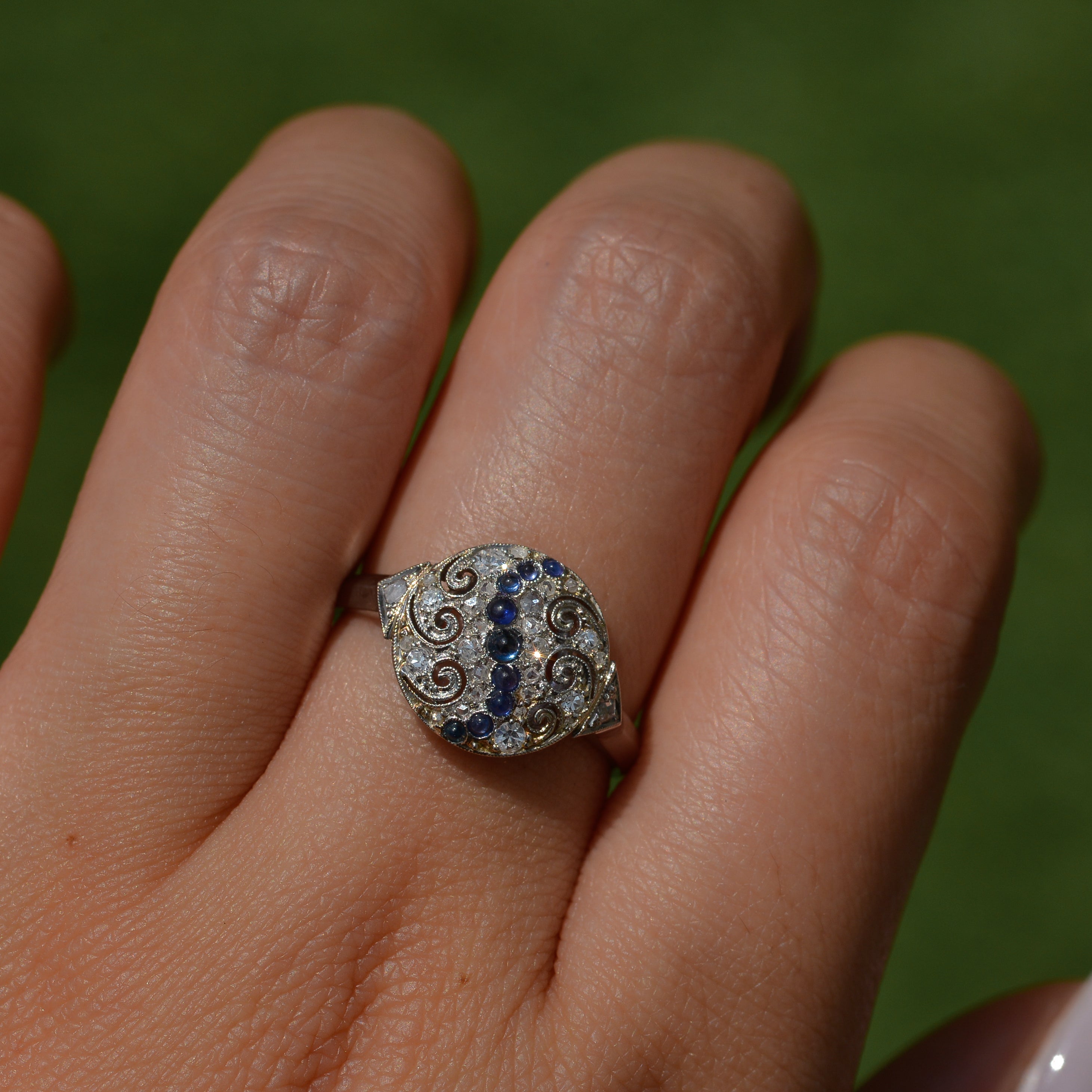 Art Deco Sapphire and Diamond Swirl Ring