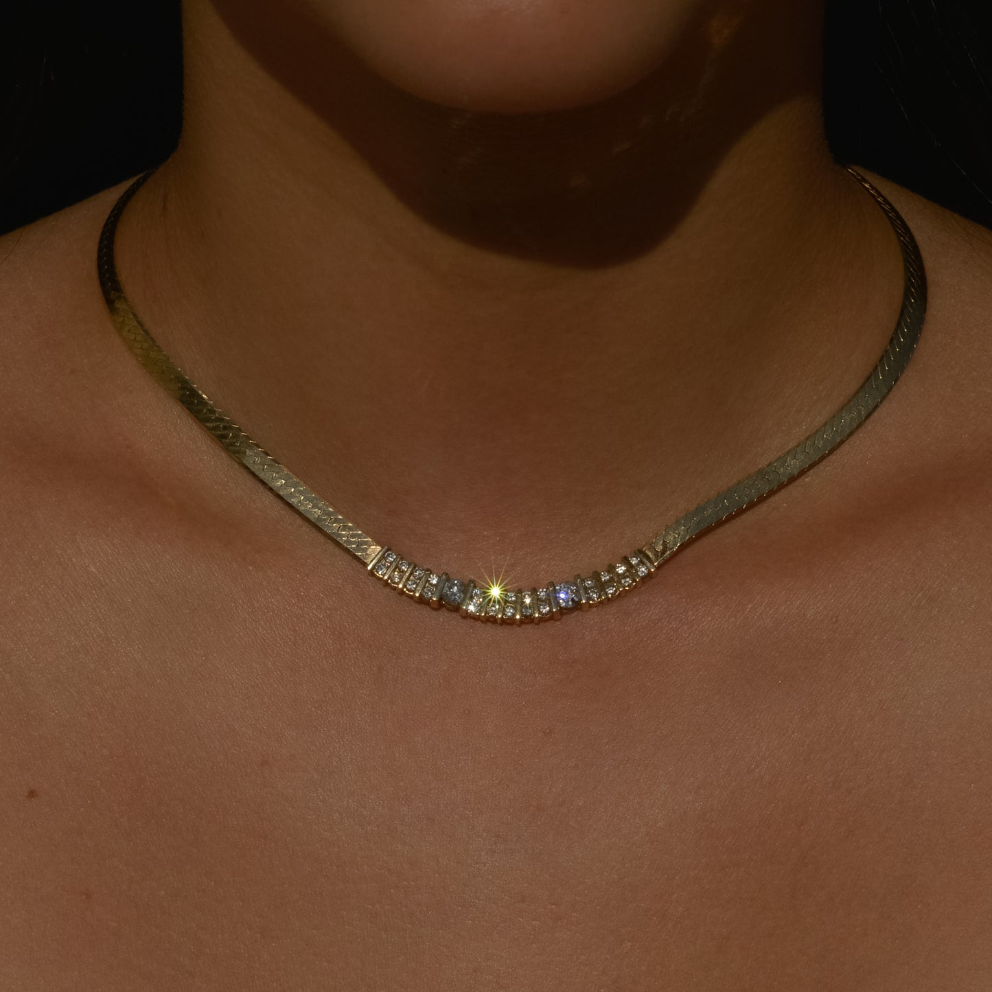 Vintage Diamond Herringbone Necklace 16" 14k