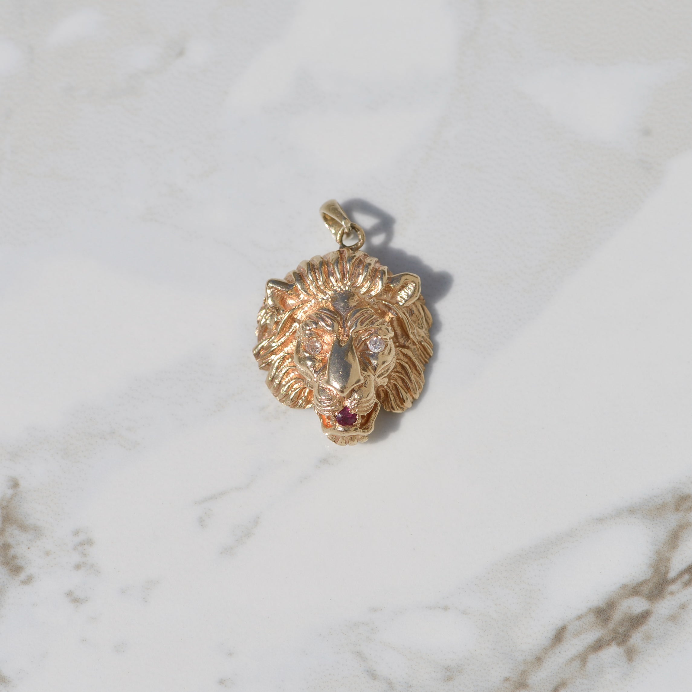 Vintage Lion with Diamond Eyes Pendant 14k