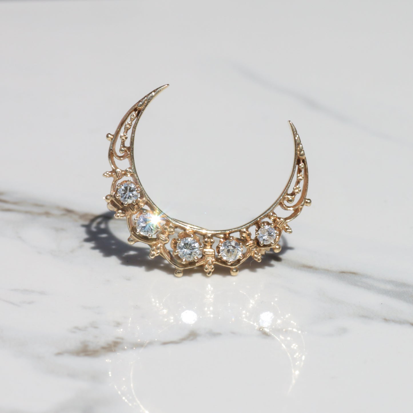 Vintage Crescent Moon Diamond Brooch/Pendant 14k Gold