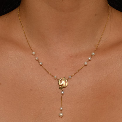 Vintage D Initial Cultured Pearl Lariat Necklace 14k Gold