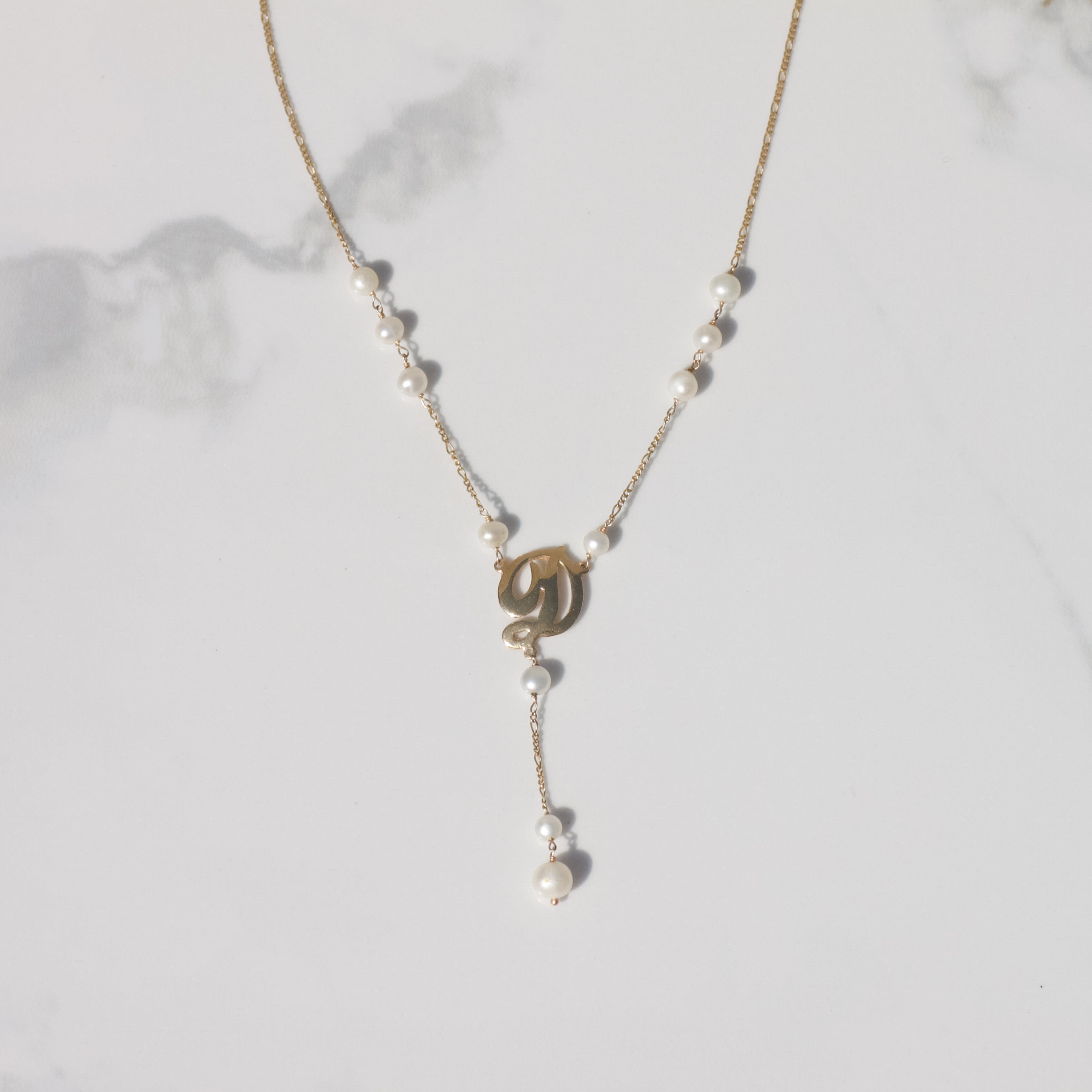 Vintage D Initial Cultured Pearl Lariat Necklace 14k Gold