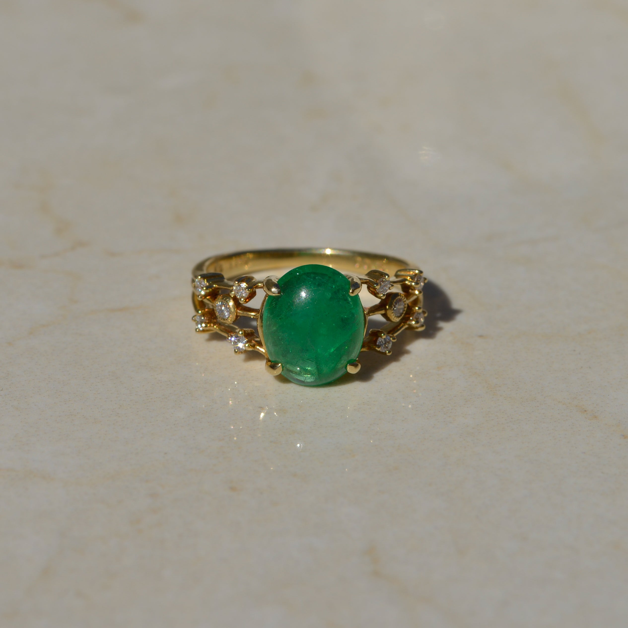 Estate Emerald Cabochon & Diamond Ring