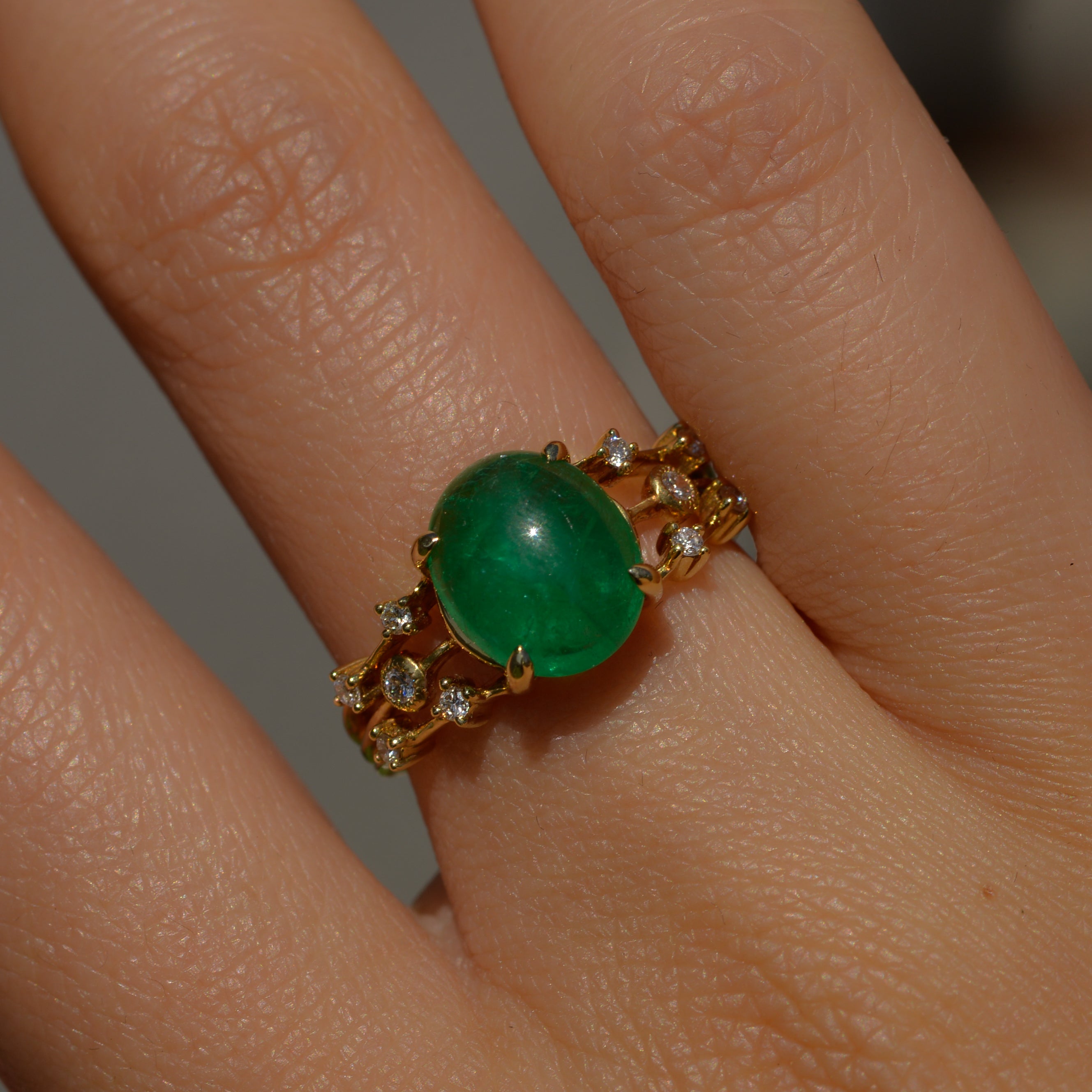 Estate Emerald Cabochon & Diamond Ring