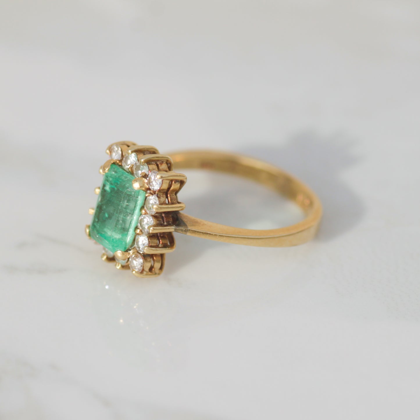 Vintage Emerald with Diamond Halo Ring Sz 4 18k